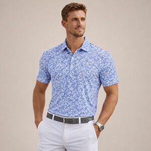 Redvanly Fourcy Performance Golf Polo Blue Lavender Pointillism Print Size M
